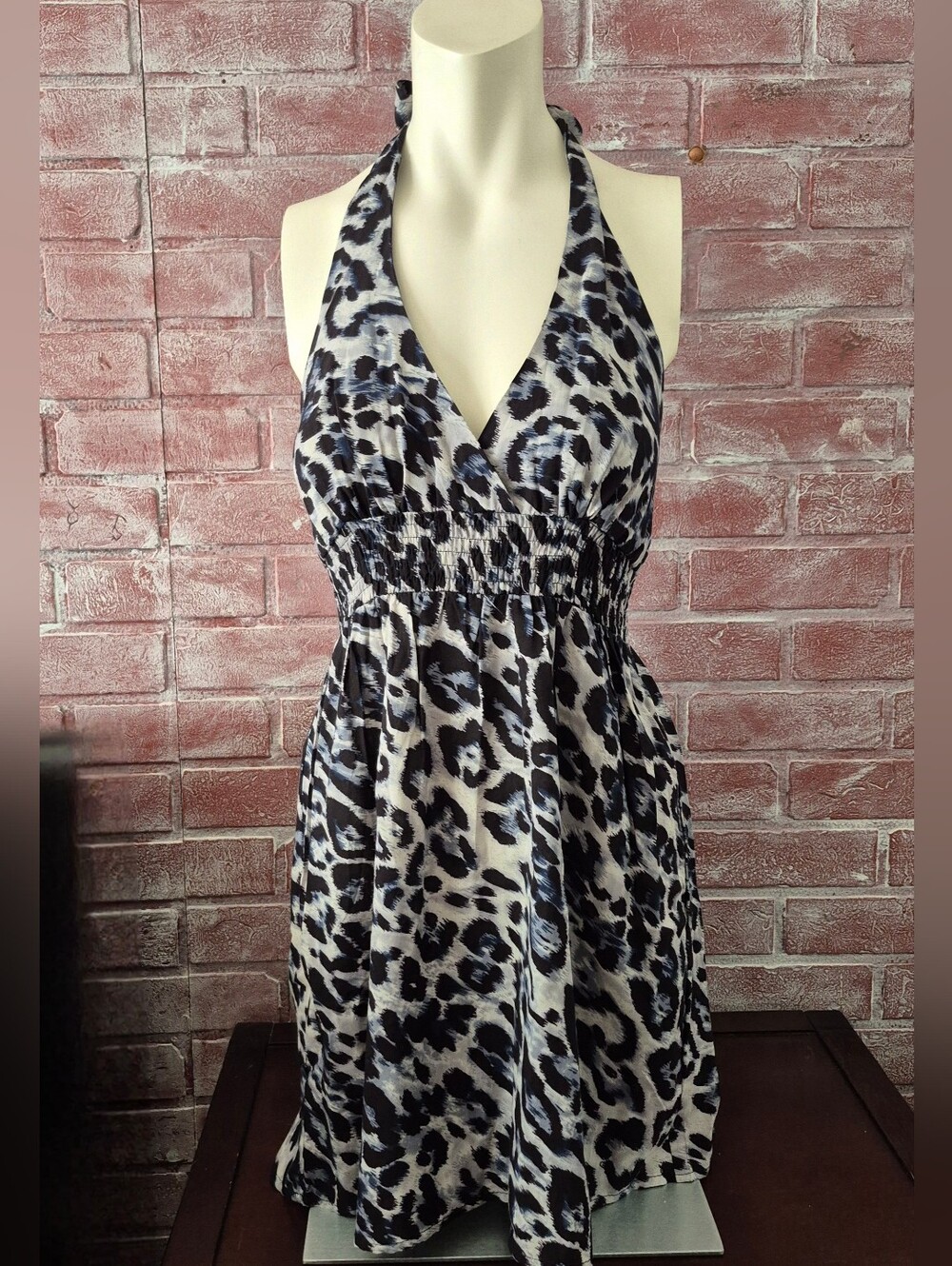 Blue Leopard Print Halter Mini Dress Sz S Smocked Waist Beach Cover Up